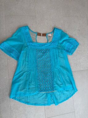 Tracy Reese Turquoise Crochet-Paneled Cotton Blouse